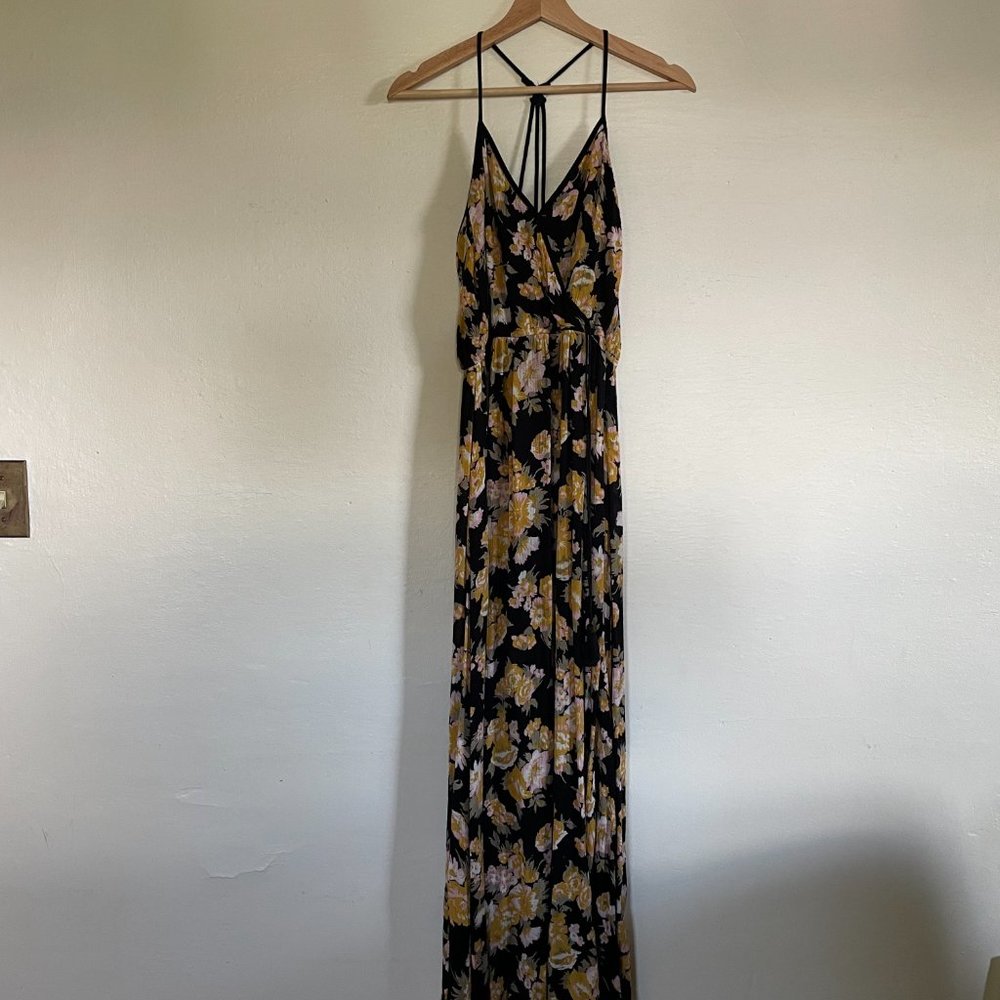 Women's Medium Band of Gypsies Black Floral Maxi Dress with Side Slit